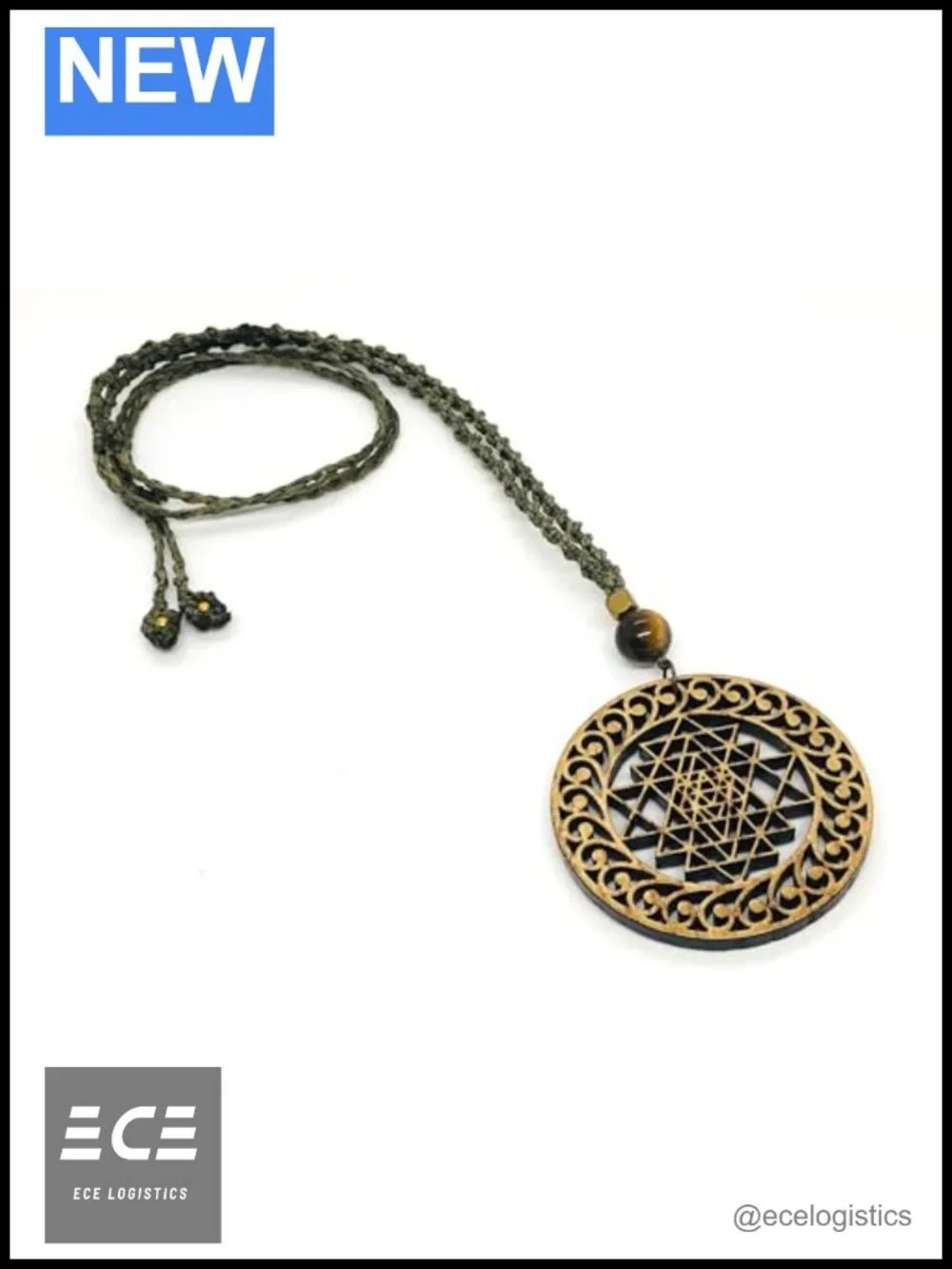 Handmade Wood Sri Yantra Mandala Necklace Tiger Eye Stone Macrame Spiritual